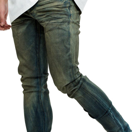 Valabasas Mr. Flex skinny jeans featuring a vintage moss green and deep blue distressed denim wash and slim fit.