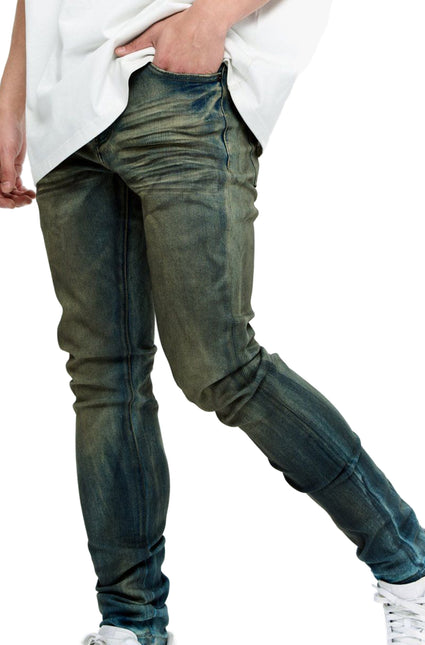 Valabasas Mr. Flex skinny jeans featuring a vintage moss green and deep blue distressed denim wash and slim fit.