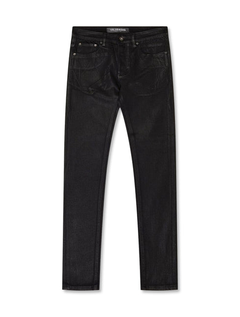 Valabasas Mr.Flex black skinny jeans featuring a distinct waxed finish, classic five-pocket design, and a slim fit.
