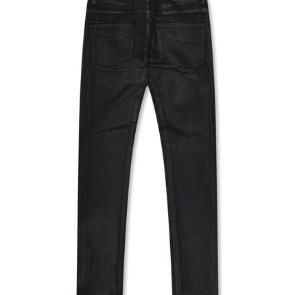 Back view of Valabasas Mr.Flex skinny jeans in a black waxed finish featuring a brand patch on the back waistband.