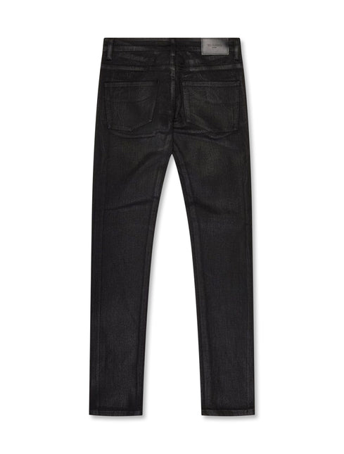 Back view of Valabasas Mr.Flex skinny jeans in a black waxed finish featuring a brand patch on the back waistband.
