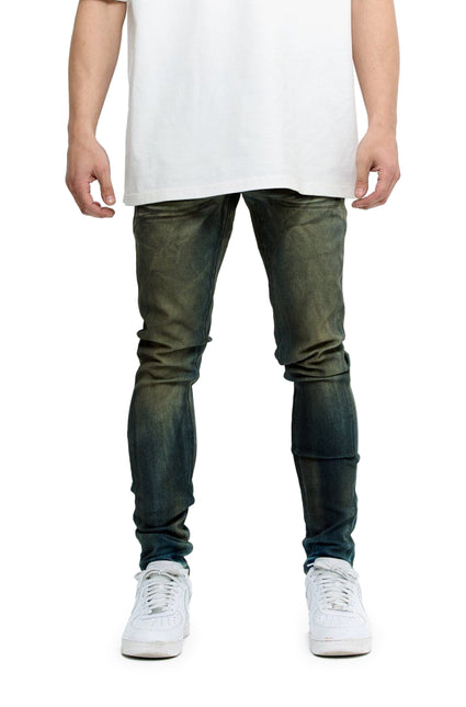 Valabasas Mr. Flex skinny jeans in a moss blue washed denim finish, featuring a slim-fit silhouette and light fading.