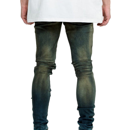 Valabasas Mr. Flex skinny jeans in moss blue featuring a vintage-wash denim finish with ribbed detailing on back legs.