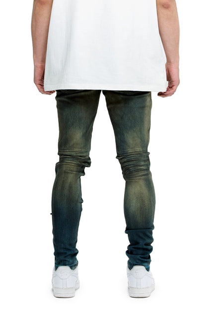 Valabasas Mr. Flex skinny jeans in moss blue featuring a vintage-wash denim finish with ribbed detailing on back legs.