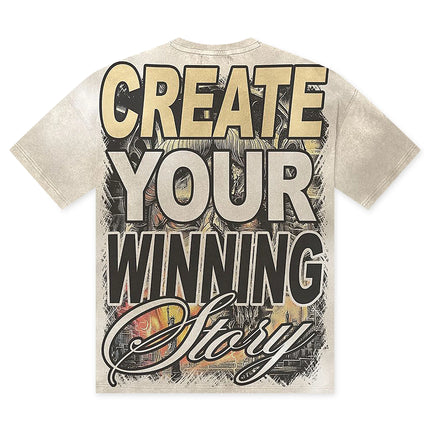 Vtilted Story T-shirt in white wash featuring a bold black and beige graphic print with motivational text.