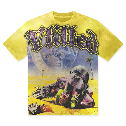 Vtilted Left Alone graphic t-shirt in yellow wash featuring a vintage sci-fi desert scene with a fallen astronaut.