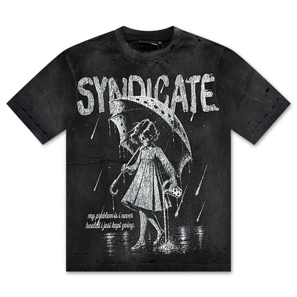 Black wash Syndicate short-sleeve tee featuring a distressed graphic of a girl holding an umbrella in the rain.