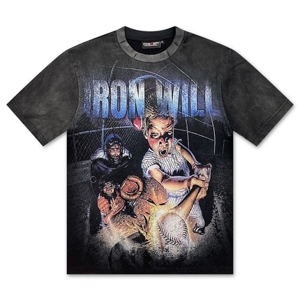 Concept LA Iron Will 2.0 vintage-wash black cotton t-shirt featuring a dynamic baseball graphic and bold blue lettering.