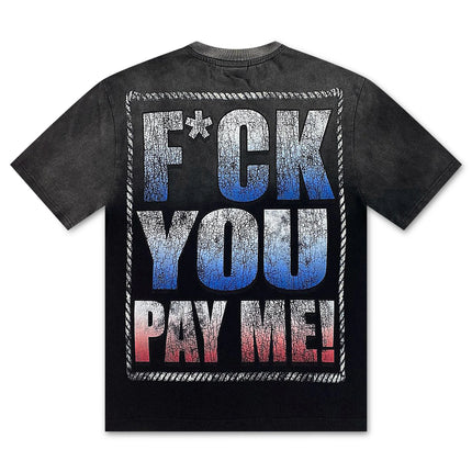 Back of a faded black vintage-wash t-shirt with a large blue, white and red gradient slogan graphic inside a bordered box.