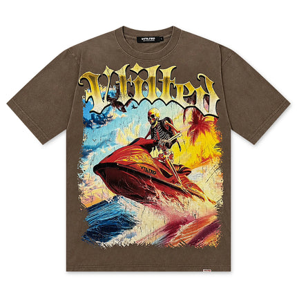 Brown Vtilted Tropical graphic tee featuring a skeleton riding a red jet ski on a vibrant, colorful ocean background.