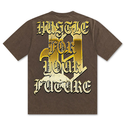 Vtilted Tropical tee in brown featuring a large, distressed metallic gold H logo with white Hustle For Your Future text.