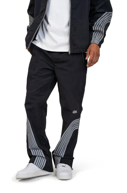 EPTM Revive black nylon track pants featuring grey curved side stripes, a loose fit, and white script logo detail.