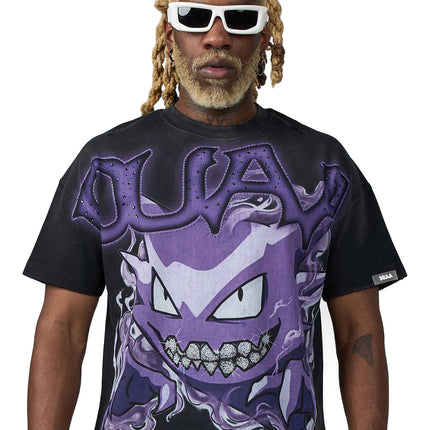 Duaa Creature black cotton t-shirt featuring a purple, glittery Gengar graphic with diamond-encrusted teeth detailing.