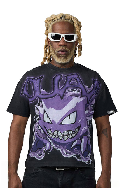 Duaa Creature black cotton t-shirt featuring a purple, glittery Gengar graphic with diamond-encrusted teeth detailing.
