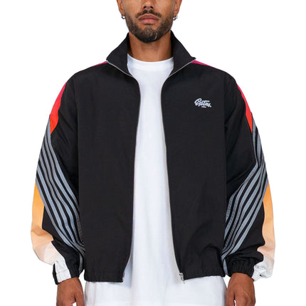 EPTM Proxy track jacket in black featuring a vibrant red-to-orange gradient and grey pinstripe sleeves on a model.