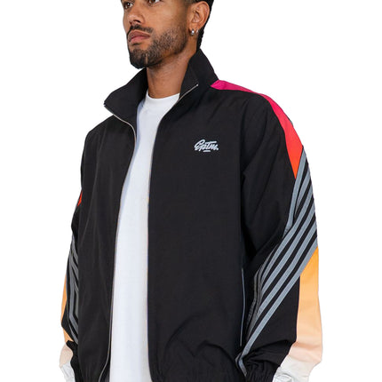 EPTM Proxy jacket in black featuring a high neck, zip closure, and multi-colored gradient stripe detail on sleeves.