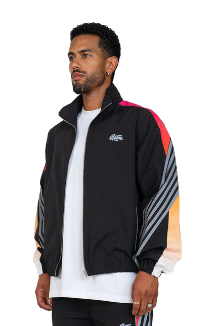 EPTM Proxy jacket in black featuring a high neck, zip closure, and multi-colored gradient stripe detail on sleeves.