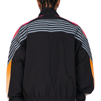 Back view of an EPTM Proxy jacket in black, featuring grey striped patterns, pink accents, and orange sleeve panels.
