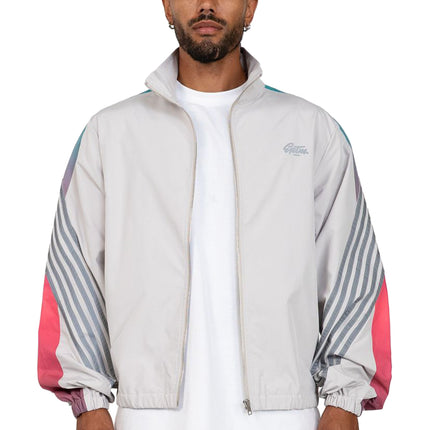 EPTM Proxy jacket in light grey featuring a full-zip closure, stand-up collar, and pink and teal striped sleeve accents.