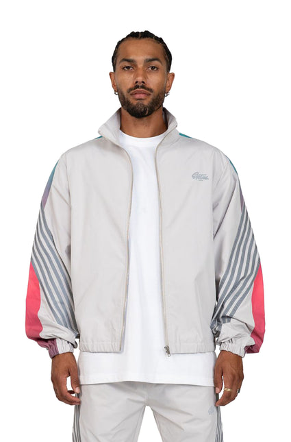 EPTM Proxy jacket in light grey featuring a full-zip closure, stand-up collar, and pink and teal striped sleeve accents.