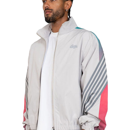 EPTM Proxy Jacket in light grey featuring a stand-up collar, front zipper, and vibrant gradient sleeve stripe detailing.
