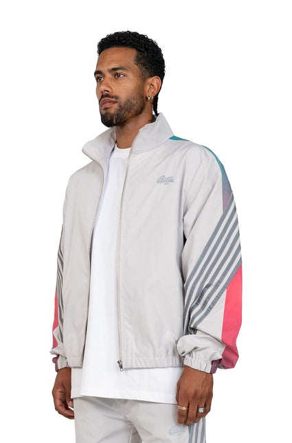 EPTM Proxy Jacket in light grey featuring a stand-up collar, front zipper, and vibrant gradient sleeve stripe detailing.