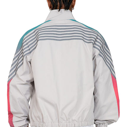 EPTM Proxy jacket in light grey featuring teal shoulder panels, pink sleeve stripes, and grey ribbed fabric details.