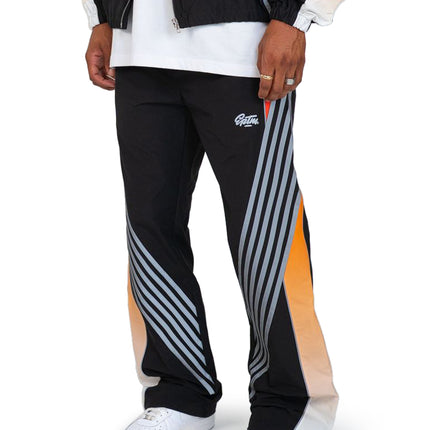 EPTM Proxy pants in black with white logo, featuring grey diagonal stripes and an orange gradient side panel finish.