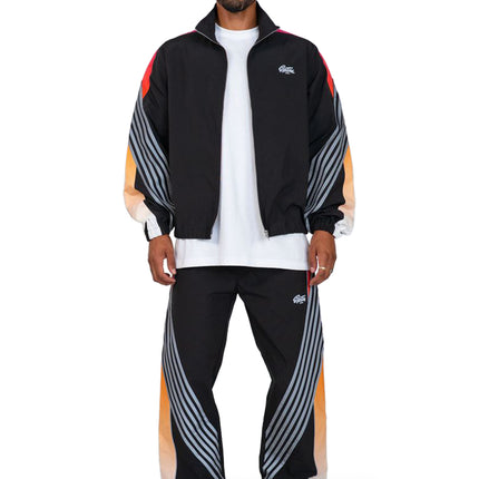EPTM Proxy black nylon tracksuit featuring a gradient orange and pink sleeve stripe with grey curved line accents.