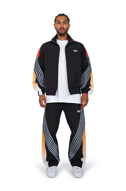 EPTM Proxy black nylon tracksuit featuring a gradient orange and pink sleeve stripe with grey curved line accents.