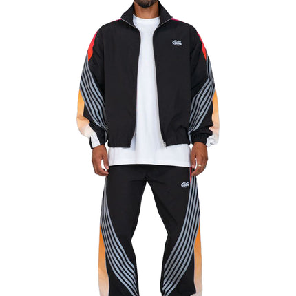 EPTM Proxy jacket and matching track pants in black featuring a vibrant red and orange gradient stripe detail.