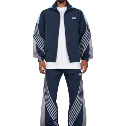 EPTM Proxy navy track jacket and matching track pants with light blue accents and grey striped side panel detailing.