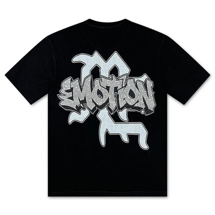 Black Mixed Emotion Angel Whispers short-sleeve tee featuring a large, textured grey graffiti-style graphic logo.