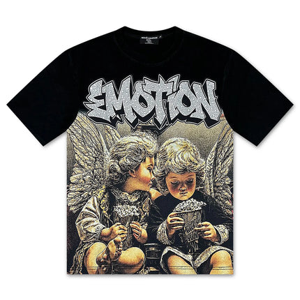 Mixed Emotion black short-sleeve cotton tee featuring a vintage-style print of two winged angels eating popcorn.