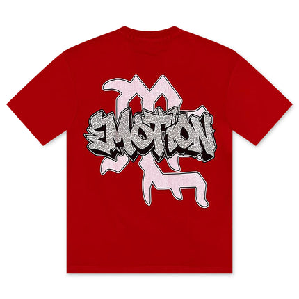 Red Mixed Emotion Garage T-shirt featuring a layered, pink and white graffiti-style rhinestone graphic on the back.