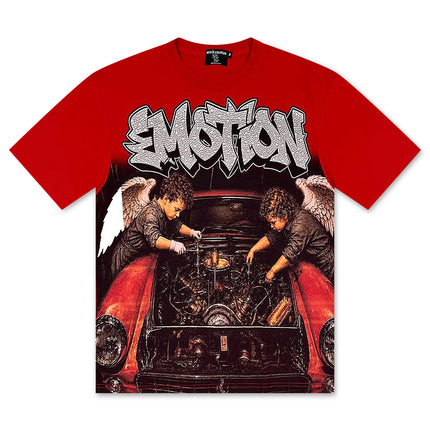 Mixed Emotion Garage t-shirt in bright red cotton featuring a graphic print of two angels repairing a vintage car.