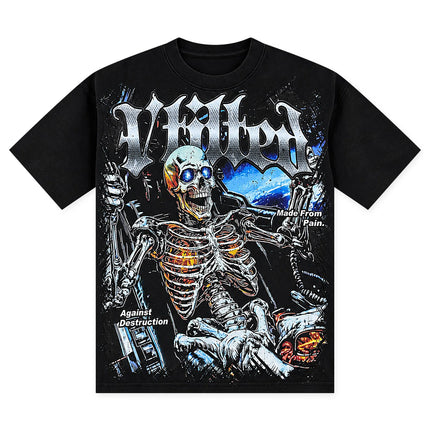 Vtilted jet black cotton t-shirt featuring a metallic skeleton graphic with blue eyes, fire accents, and bold text.