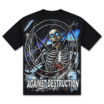 Black Vtilted cotton crew neck t-shirt featuring a skeletal space graphic with glowing blue eyes and bold white text.