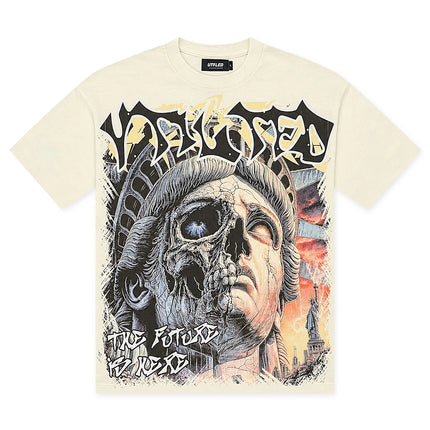 Vtilted Story tee in white wash cotton featuring a graphic of the Statue of Liberty half-decayed into a skull.