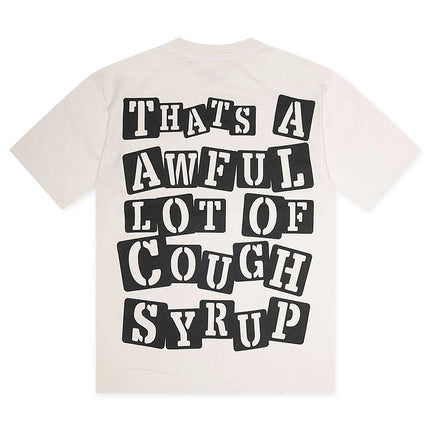 ALOCS Skeleton Scrapbook t-shirt in cream cotton featuring bold black stencil-style text reading That's A Awful Lot Of Cough