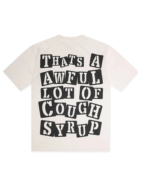 ALOCS Skeleton Scrapbook t-shirt in cream cotton featuring bold black stencil-style text reading That's A Awful Lot Of Cough