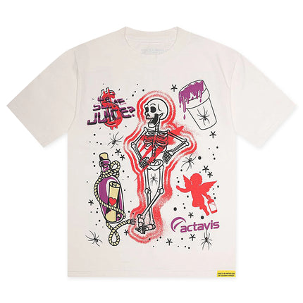 ALOCS Skeleton Scrapbook t-shirt in cream cotton featuring a colorful, graphic tattoo-style print of a skeleton.