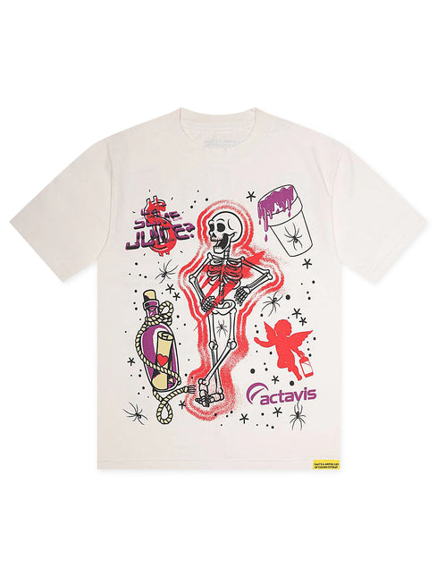 ALOCS Skeleton Scrapbook t-shirt in cream cotton featuring a colorful, graphic tattoo-style print of a skeleton.