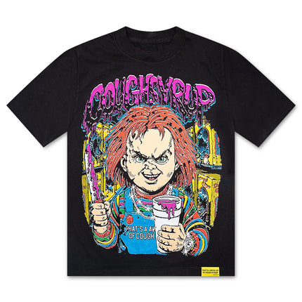 ALOCS Chucky graphic tee in black cotton featuring a vibrant, colorful print of Chucky holding a knife and a foam cup.