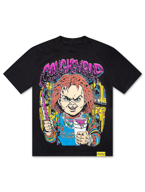ALOCS Chucky graphic tee in black cotton featuring a vibrant, colorful print of Chucky holding a knife and a foam cup.