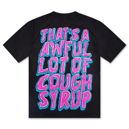 ALOCS Chucky black cotton t-shirt featuring bright pink and blue bubbly lettering reading That's A Awful Lot Of Cough Syrup.