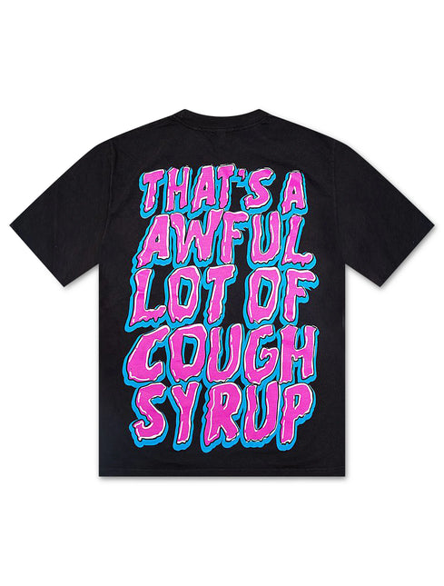 ALOCS Chucky black cotton t-shirt featuring bright pink and blue bubbly lettering reading That's A Awful Lot Of Cough Syrup.