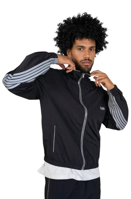 EPTM Revive black windbreaker jacket featuring a full-zip front, high collar, and light gray striped sleeve detailing.
