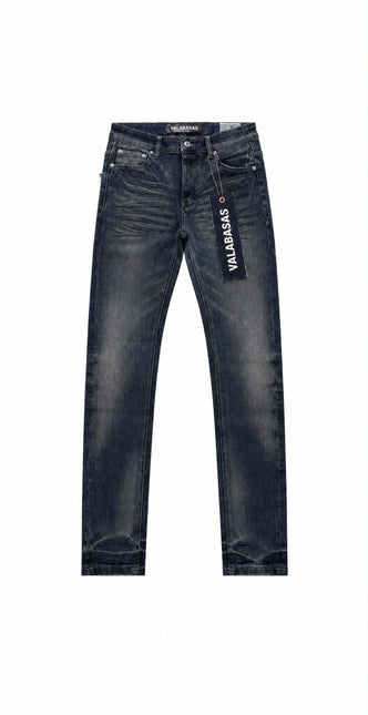 Valabasas Mr. Flex dark blue waxed skinny jeans featuring a slim fit, classic five-pocket design, and branded tag.
