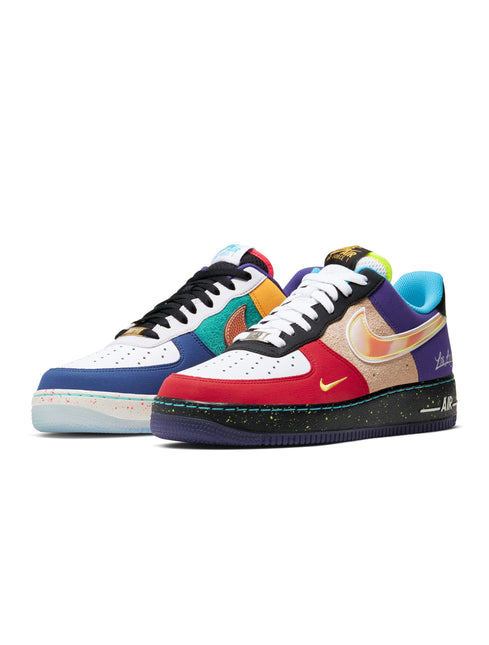 Nike Air Force 1 Low What The LA sneakers featuring vibrant mismatched suede and leather panels in red blue and tan.